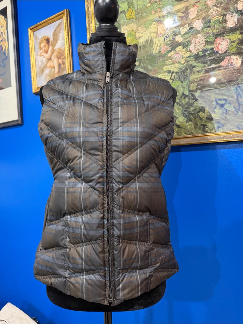 Patagonia Quilted Plaid Down Vest in Brown and Gray